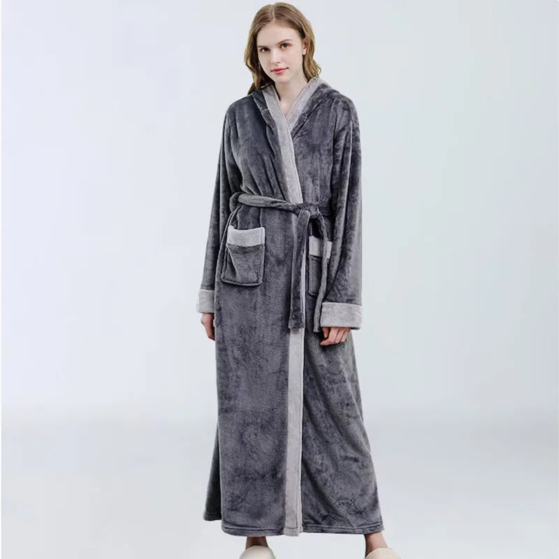 Fleece Ankle Bathrobe with Pockets and Hood